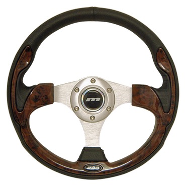 Black Leather With Wood Look Inset 3 Spoke Mountney M32X3VV9S  M Range Steering Wheel 320mm In Diameter Silver Anodised Center 