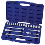 6 Point Shallow Metric Chrome Plated Socket Set With Handle Extensions